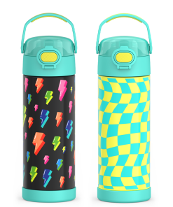 16oz FUNtainer® Water Bottles with Locking Lids Lightning Bolt & Wavy Checkers Teal Bundle